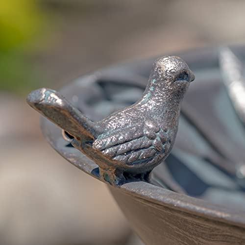Zaer Ltd. Deep Well Made Metal Birdbath with 2 Cast Iron Birds and Leaf Decoration (Bronze) - color: Bronze
