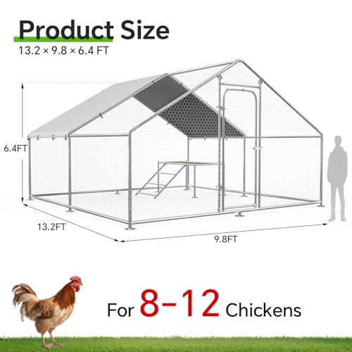 13.1 x 9.8 x 6.4 FT Metal Chicken Coop, Chicken Run with Cover | Walk-in Metal Chicken Coop, Waterproof Cover, Side Hardware Cloth, Roosting Perch, reinforced frame, Backyard & Farm Use - size: 158.7"L x 119.7"W x 78.7"H