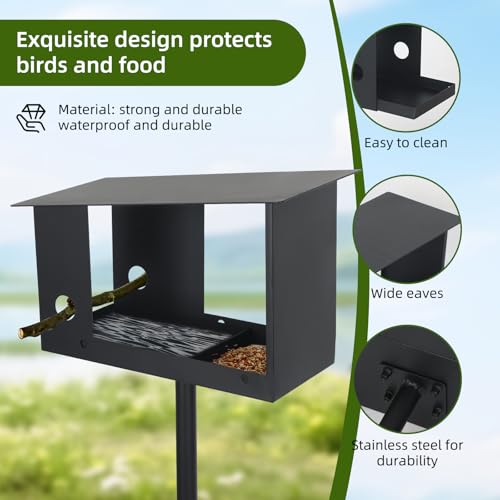 3-in-1 Metal Bird Feeder with Pole 59in High Weatherproof Wild Bird Feeding Station with Birdseed Area Removable Water Tray Custom Perch Ground-Mounted Bird Feeder for Small Birds Sparrow Tit Robin