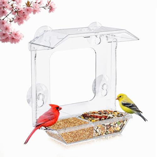 Window Bird Feeder with 4 Extra Strong Suction Cups (2.5 Inch) | Clear Bird Feeder with Dual Seed Tray, Easy to Install and Clean, Birdfeeder for Close-Up Viewing Birds, Bird Watching Gift