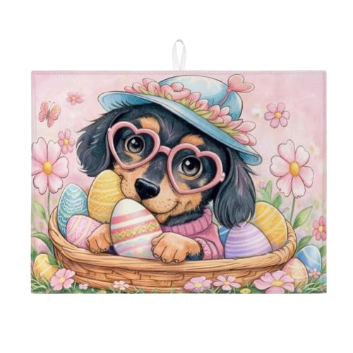 Easter Floral Dish Drying Mats for Kitchen, Cute Dog with Eggs Absorbent Dish Rack Mat, Spring Fanciful Microfiber Drying Pad for Counter Protector 18x24 Inch - size: 24" x 18"