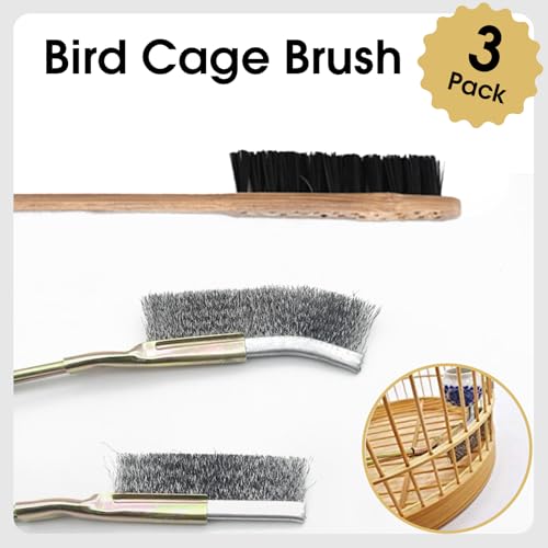 QBLEEV 3 Pack Bird Cage Brush, Long Handle Poop Off Birdcage Cleaner Brush | Wooden & stainless steel bird cage cleaning brushes set, universal cage scraper, durable parrot poop remover accessories