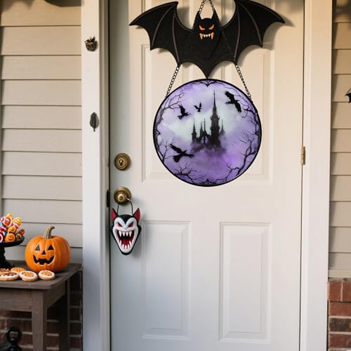 Stained Glass Window Hanging - Halloween Gothic Castle Purple Smoke Suncatcher for Doors Garden Home Spooky Crow Sun Catchers Gothic Decor Horror Gift for Women Men Friend Boy Girl 7.8 in - color: Purple and Black, size: 7.8x7.8 IN