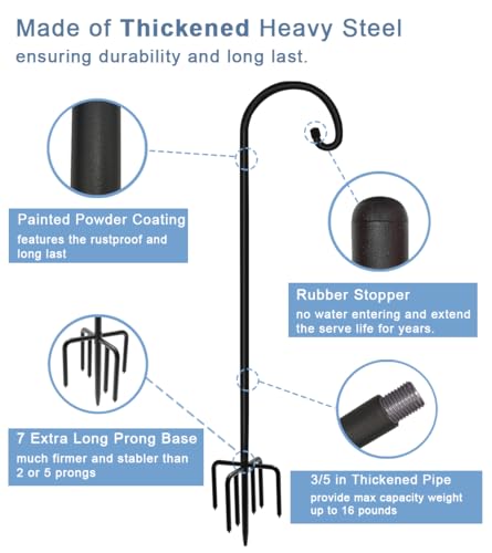 60 inch Outdoor Shepherd Hook with Upgraded 7 Prong Base (1 Pack), Adjustable Heavy Duty Garden Hanging Stake for Bird Feeder Solar Light Plant Hanger Wedding Decor, Matte Black - size: 60IN-1PACK