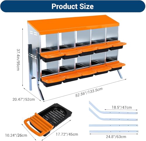 Chicken Nesting Box,Chicken Egg Laying Box with 10 Compartments, Roll Away Eggs Laying Boxes, Nesting Boxes, Indoor & Outdoor Use,Easy Egg Collection, Easy Cleaning - color: Orange, size: 10 holes with legs