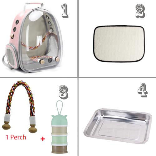 Bird Traval Carrier Cage, Clear Space Capsule Astronaut Backpack to Carry Parakeet Cockatiel Parrot with Metal Tray Bird Feeder and Wood Perch, Vet Transport Bag - color: Pink