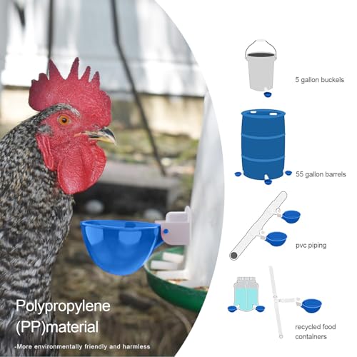 Chicken Waterer Cups, 8 Packs Blue Large Chicken Watering Cups | Automatic Chicken Water Cups, Tee Fittings Poultry Feeder Cups Suitable for Chicken, Duck, Turkey with Mounting Hole Opener - color: blue