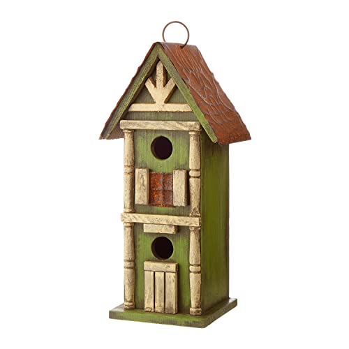 Glitzhome 12.75" H Hanging Green Two-Tiered Distressed Wooden Garden Bird House - color: 12.75"H Two-Tiered