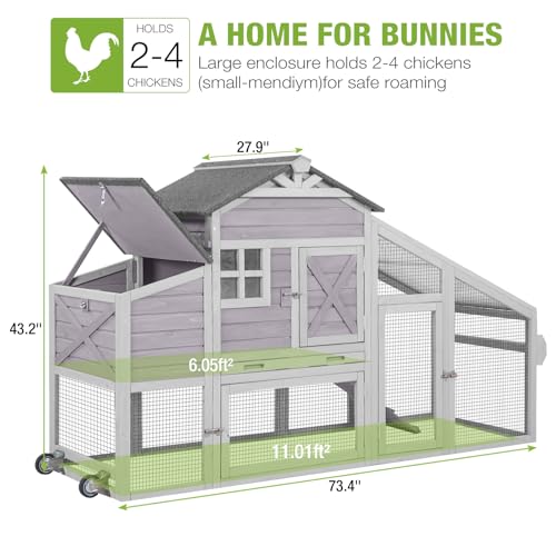 GUTINNEEN Mobile Chicken Coop for 2-4 Chickens with Wheels, Expandable Large Hen House with Run, UV-Protected Roof, Divided Nesting Boxes, Easy One-Person Move, Grey - color: Grey, size: 65.2"L x 26.4"W x 47.6"H