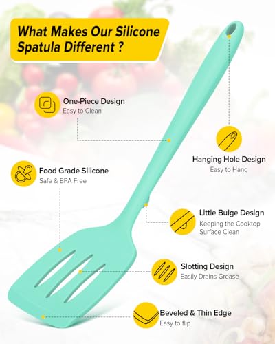Pack of 2 Silicone Spatula Turners, Non Stick Slotted Kitchen Spatula Set, Heat Resistant BPA Free Kitchen Utensils, One-Piece Design, Suitable for Flipping Fish, Eggs, Steak, Pancakes (GREEN) - color: Green