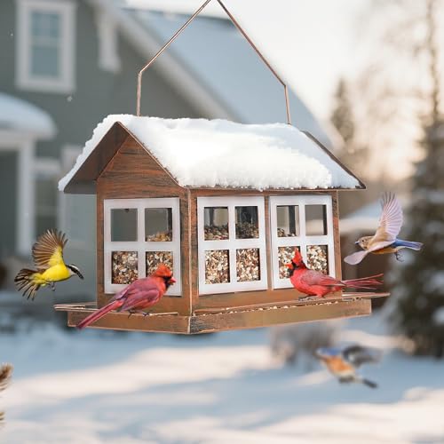 Bird Feeder, Waterproof Bird Feeders for Outdoor Hanging | Heavy Duty Metal, 6LB Large Capacity, 4 Perches, Drain Holes, For Outside Garden Yard Country Hanging, House Shape - size: Horizontal
