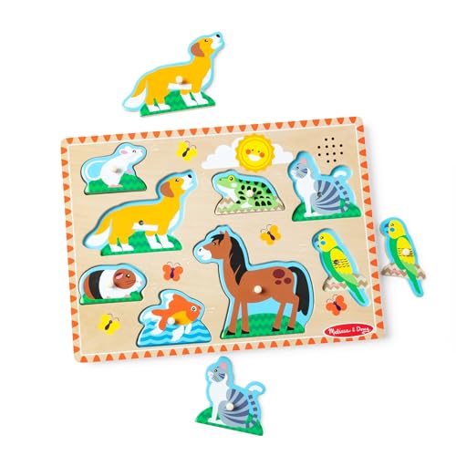 Melissa & Doug Zoo Pet Animals Sound Puzzle – 8-Piece Wooden Peg Puzzle with Light-Activated Sounds, Music Learning Toy for Toddlers and Preschoolers Ages 2+ - size: 11.8 x 8.8 x 1.25, style: Pets