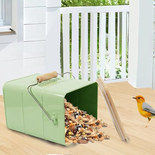 Morezi Bird treat and food storage tin with wooden lid and scoop included - green powder - carbon steel - birds food bin - pet food container storage canister - color: Green wood lid