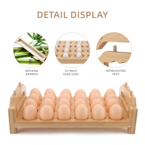 Bamboo Egg Holder 24 Pcs Eggs Rack Countertop Storage, Surface Paint & Handle Design for Kitchen Fresh Egg Holder Countertop and Fridge Egg Organizer - style: Farmhouse 24Pcs