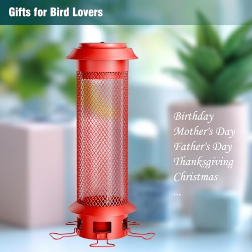 Heavy-Duty Squirrel Proof Bird Feeder, Removable Tray for Easy Cleaning, Weight-Activated Cage, 5 Perches, 4 Lb Capacity, Tube Metal Bird Feeder for Outdoors Cardinals, Finches - color: Red
