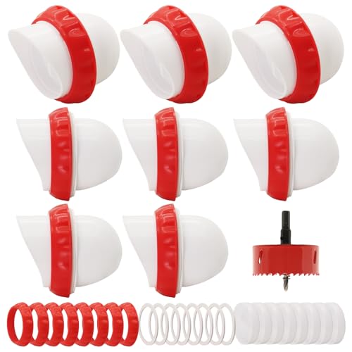 Chicken Feeders No Waste, DIY Automatic Poultry Feeder 8 Ports 1 Hole Saw with Covers Gravity Feed Kit for Buckets Barrels Bins Troughs（Red and White） - color: White and Red