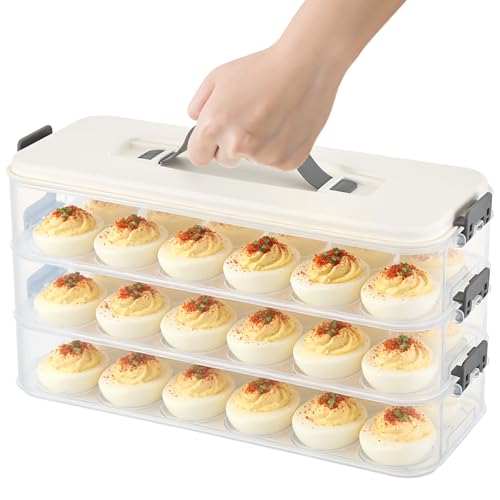 3-Layer Deviled Egg Container with Lid and Handle, Clear Plastic Deviled Egg Carrier for Fridge, Portable Stackable Eggs Holder Platter for Easter Party Picnics Camping Travel