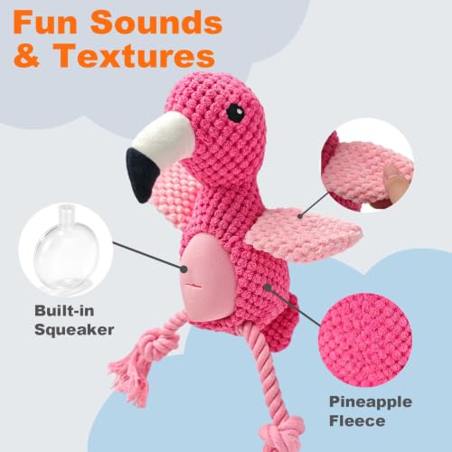 Pink Flamingo Bird Dog Chew Toy, 12.2 in, Squeaker Rope Treat Toy | Pineapple Fleece, PP Cotton Filled, Nylon Reinforced Rope, Crinkle Paper, Bite Resistant, Interactive Play, Small Medium Dogs - color: Pink Flamingo