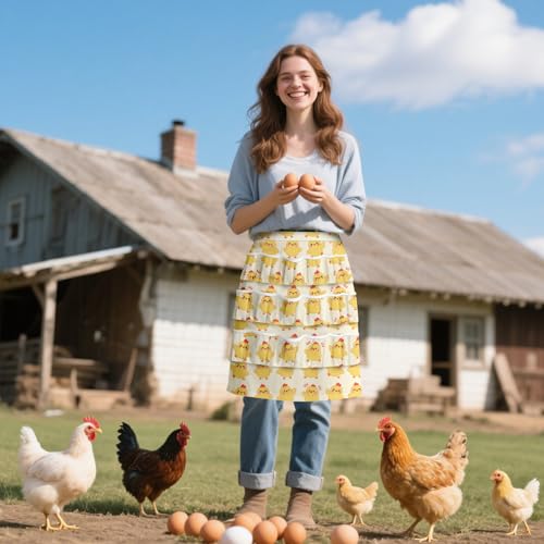 CUTHOLLOW Egg Collecting Apron for Adlut, Housewife, 18 Deep Pockets Hen Egg Gathering Holding Apron with Elastic Closures - style: Cartoon Chicken