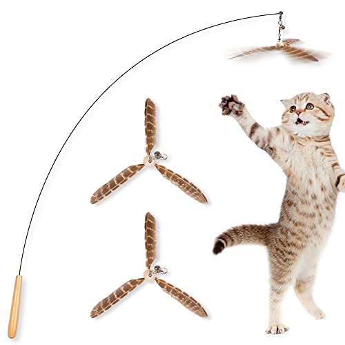 JXFUKAL Cat Wand Toys, Interactive Cat Toys with 3 Feather Refills, 29'' Flexible Steel Wire, Sturdy Wood Handle & Bell for Kitty Kitten, Cat Toys for Indoor Cats Teaser Cat String Toy - color: Set A