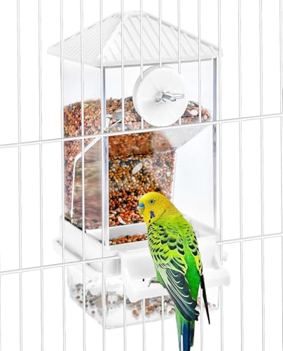 Hamiledyi Automatic Bird Feeder No Mess Bird Cage Feeder Seed Food Container with Perch Transparent Parrot Cage Accessories for Parakeets, Budgies, Cockatoos, Finches, Lovebirds, Canaries (White) - color: Translucent White + Perch