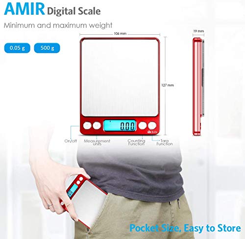 AMIR Upgraded Digital Kitchen Scale, 500g Mini Pocket Jewelry Scale, Cooking Food Scale with Back-Lit LCD Display, 2 Trays, 6 Units, Auto Off, Tare, Stainless Steel (Batteries Included) - color: Red