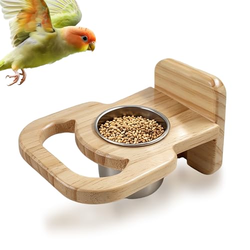 Bird Feeding Cup with Platform, Hanging Stainless Steel Parrot Feeding Bowl, Wooden Perch Stand, Bird Cage Food and Water Feeder for Parakeets, Cockatiels and Lovebirds