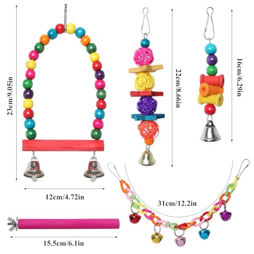 Bird Toys for Conures with Colorful Hammock Bird Cage Accessories Wooden Perch Stand Hanging Bell Birds Chewing Toys for Parrot Parakeet Budgerigar Cockatiel Lovebirds
