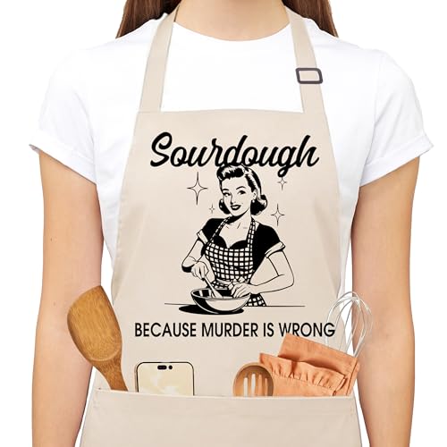 Sourdough Apron for Women with Deep Pockets - Funny Bakers Apron, Unique Sourdough Gifts for Women & Bread Bakers, Adjustable Kitchen Apron for Mom, Mother’s Day Baking Gift - B20 - color: Sourdough Because Murder is Wrong 1