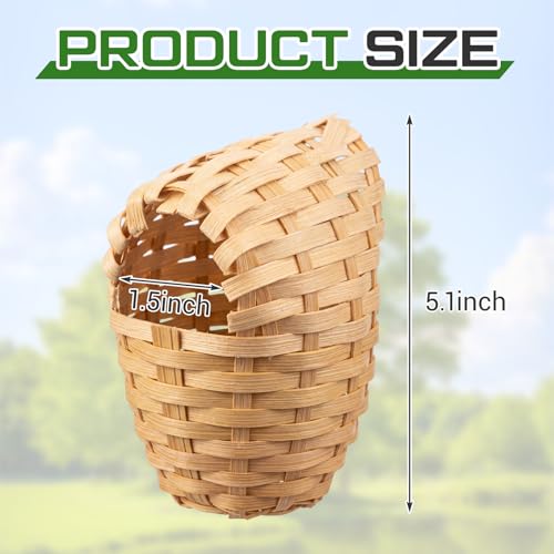 Sliner 8 Pcs Bamboo Bird Nest, Hand Woven Finch Nest for Cages, Natural Small Bird House Shelter Hideout Cage with Metal Hook, Hanging Hut Nesting Box Garden Yard Home Decor for Outdoor (5.1 Inch) - size: 5.1 Inch