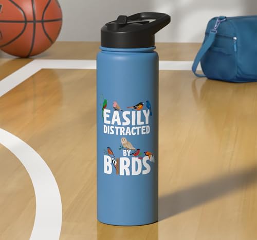 Easily Distracted By Birds Funny Bird Watcher & Birdwatching Stainless Steel Insulated Water Bottle - color: Light Blue