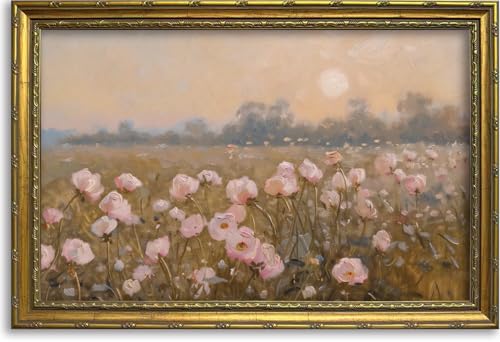 DR.RiftArt Vintage Flower Pink Landscape Wall Art Floral Wall Decor | Pastel Wildflower Rustic Farmhouse Canvas Picture Painting Print for Bedroom Living Room Office 16x24 inch Gold Framed - color: Pink Wildflower, size: 24"L x 16"W