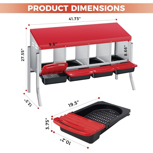 Chicken Nesting Box 4-Compartment Roll-Out with Pull-Out Trays, Egg Nesting Boxes for Hens, Chicken Coop Laying Box,Easy Wall Mounting with Metal Legs - color: red, size: 4 holes with legs