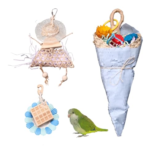 Parrot Chew Toys Set - Natural Wood & Loofah Toys with Plant-Based Dyes, 3 Pack Bird Chew Toys for Cockatiels, Conures & Small Parrots for Cage Enrichment (3 Pieces of Blue Series) - color: 3 pieces of blue series