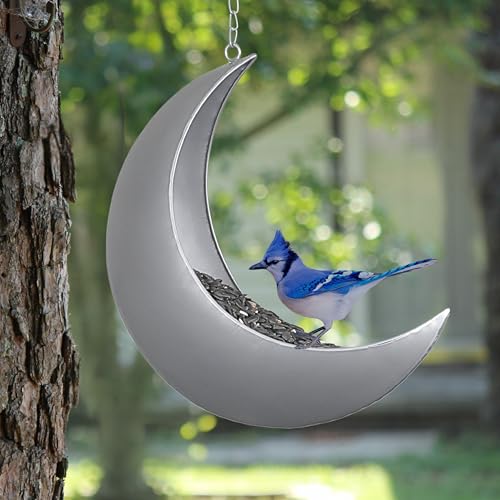 Hanging Moon Bird Feeder – Unique Metal Bird Feeders for Outdoors, Silver Rust-Resistant, – Wild Bird Feeder for Bluebirds, Cardinals, Finches, and Backyard Birdwatching - color: Silver