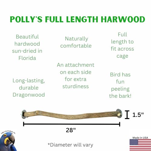 Polly's Full Length Hardwood Cage Perch for Parakeets, Cockatiels, Cockatoos, Macaws, and Other Birds (28") - size: 28"