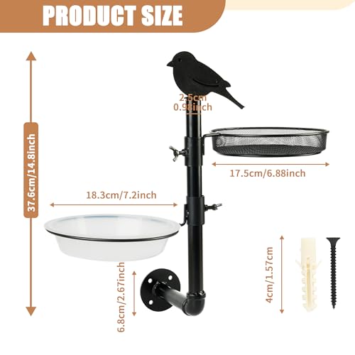 Wall Mounted Bird Feeder Fence Bird Feeder Platform with Metal Seed Tray and 2 Bird Bath Bowls Fence Tree Mount Bird Feeder Porch for Outside, Great for Attracting Wild Bird