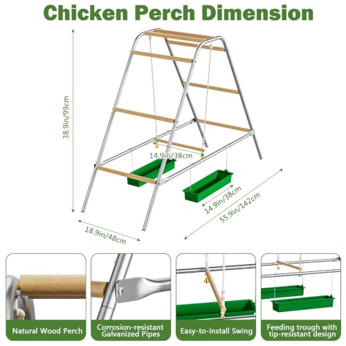 Wooden Chicken Roosting Bars with Swing & 2 Feeders | Chicken Perch Stand Coop Accessories for Outdoor Chicken Playground, Exercise Toy for Backyard Poultry Farm, Easy Assembly