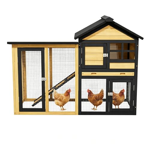 Wooden Chicken Coop with Run, Outdoor Hen House Poultry Hutch with Removable Tray & Ramp, Wire Fence, Weatherproof Roof, for Backyard 2-3 Chickens - color: Yellow