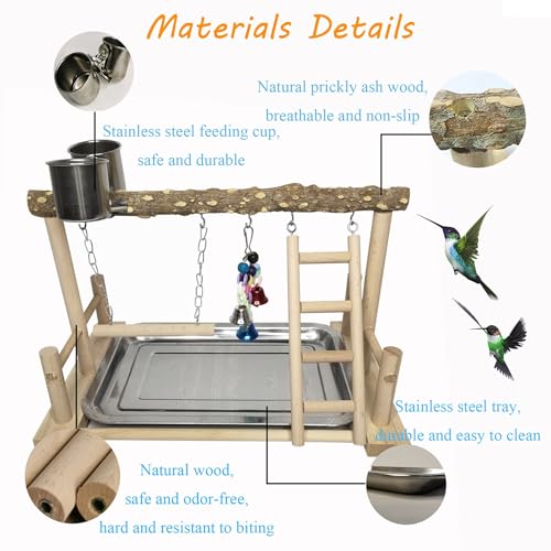 PINVNBY Bird Playground Parrot Playstand Birds Play Stand Wood Exercise Perch Gym Stand Playpen Ladder with Feeder Cups Hanging Swing Toys for Parakeet Conure Cockatiel Budgie Cage Accessories - size: One Floor With Ladder