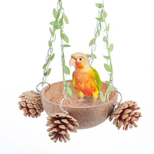 Bird Natural Coconut Nest Sugar Glider Hanging Swing Toy with Coconut Fiber Mat for Small Bird Parrot Parakeet Sugar Glider