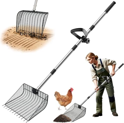 Chicken Poop Scooper & Rake 2-in-1, 25" to 67" | Large Metal Stainless Steel, Chicken Litter Scoop with Handle, Farm Pet Waste Cleaning, Sifting Litter Shovel - size: 11.8"L x 9.5"W x 3.5"H