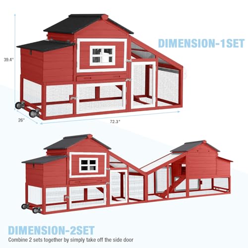 Large Chicken Coop with Run, Mobile Chicken Tractor with Wheels, Wooden Hen House with Waterproof Roof, Nesting Box and Pull-Out Tray, Poultry Cage for 4 Chickens, Rabbit/Bunny Hutch (Red) - color: Red