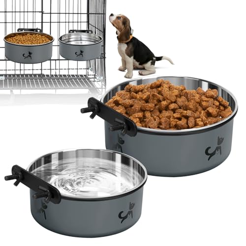 Dog Crate Bowls, 2 Pack Stainless Steel Kennel Water Bowl Hanging No Spill | Mountable Food & Water Dispenser, Elevated Feeder for Crate Cage, for Small to Medium Pets Cat Puppy Bunny Guinea Pig Ferret - color: Gray
