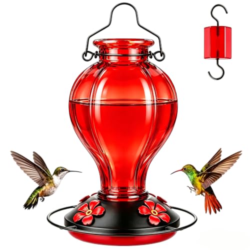 Glass Hummingbird Feeders for Outdoors Hanging, 24oz Wild Bird Nectar Feeder with Ant Moat and 360° Perch, Bee-Resistant Ports,Outside Garden Decor,Colorful Gifts for Women Mom, 1 Pack, Red - color: Red