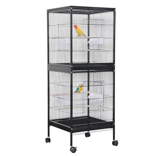 55" 2-in-1 Metal Large Bird Cage with Wheels, Indoor Outdoor Parakeet Cage with Slide-Out Tray, Rolling Stand, Perches & Bowls, Parrot Cage & Bird Carrier for Travel, Lovebirds, Cockatiels, Budgies