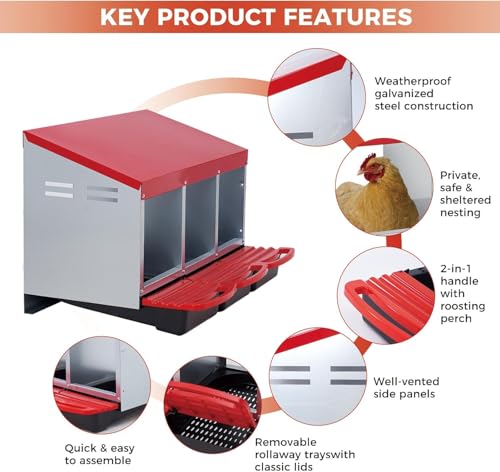  Chicken Nesting Box with Cleanable Pull Out Trays, 3 Hole Roll Away Nesting Box for Laying Hens, Wall Mount or Placed Design for Easy Egg Collection ﻿ - color: Red, size: 30.7"L x 20.1"W x 20.1"H