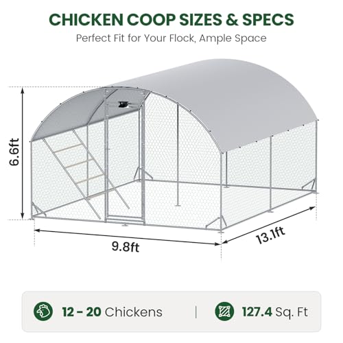 CHIKENCOOP 13x6.5x6.6ft Metal Chicken Coop, Full-Cover 2-Room Chicken Run | Upgraded two-room walk-in run with continuous waterproof UV-resistant cover, solar light, rear supports, and bottom braces - size: 159.0"L x 118.0"W x 78.0"H