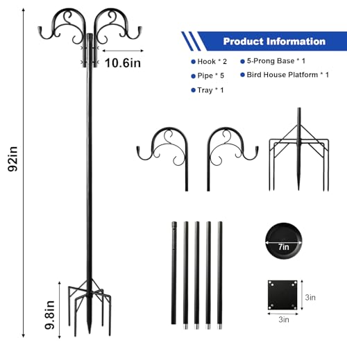 92" Double Shepherds Hook Heavy Duty, Metal Garden Plant Stand | 5-Prong ground base double shepherd hook with top platform bracket 0.75" rustproof tall pole for hanging plants & bird feeder