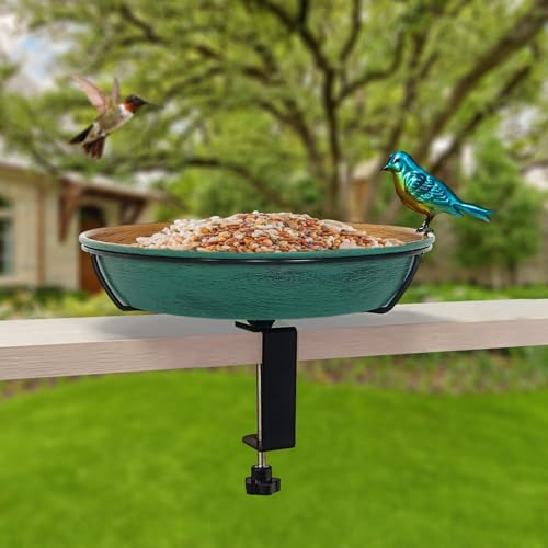 Deck Bird Bath for Outdoors, 11" Green/Bronze Metal Birdbath Bowl with Big Steel Clamp Backyard Birdbath&Bird Feeder for Railing Balcony Fence Yard Art Garden Decor - color: Green/Bronze